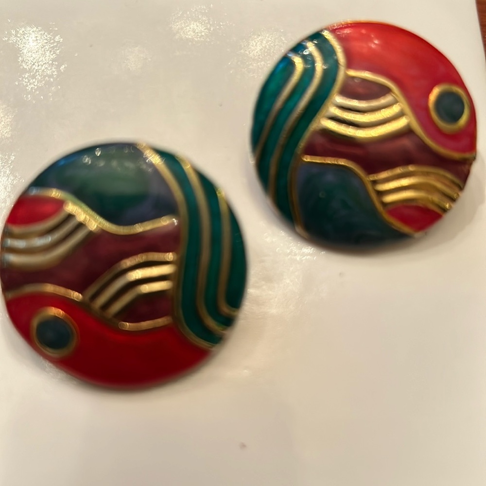 Vintage earrings enamel clip abstract green brown gold red button style bold